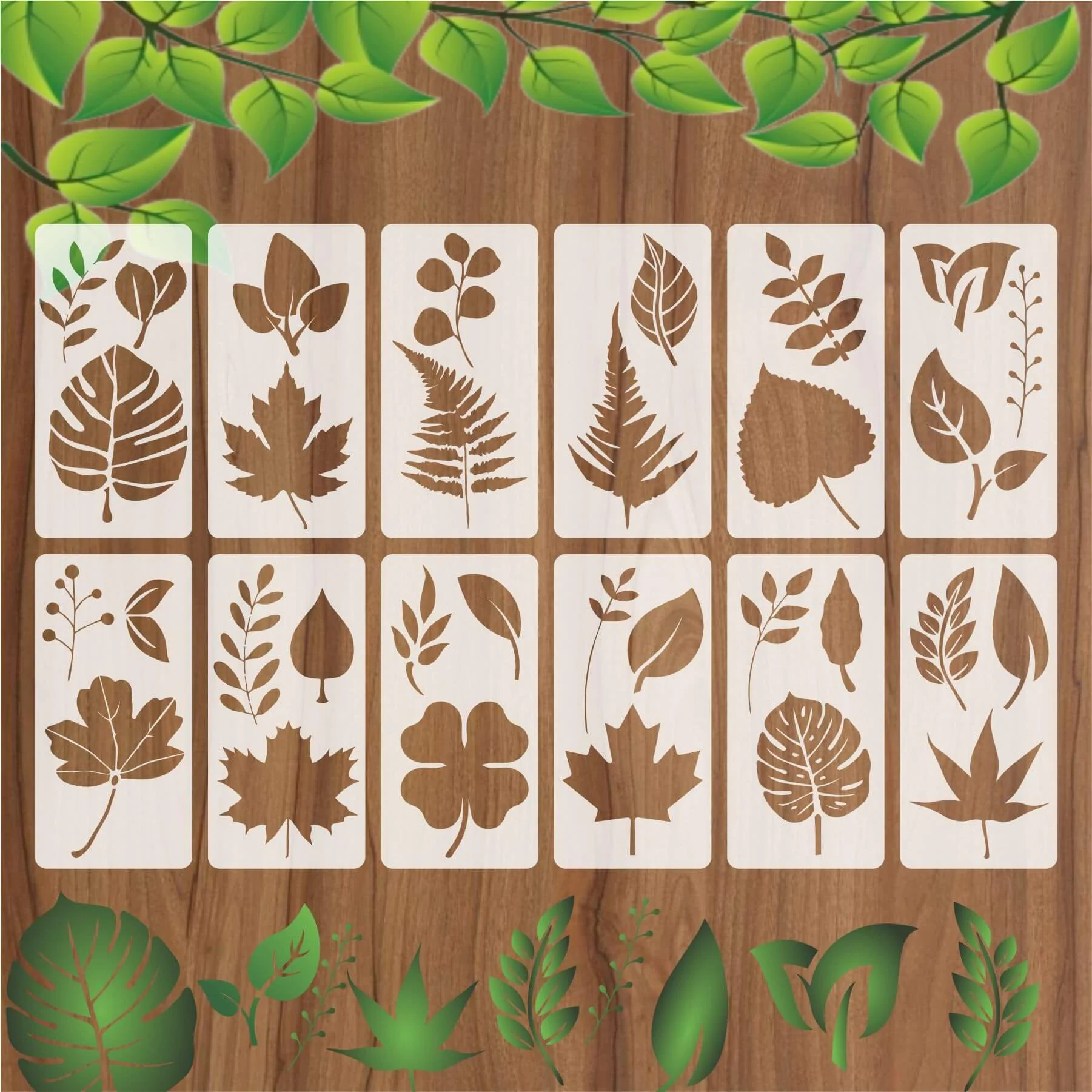 Pack Of 12 Tropical Leaves Reusable Stencil For Canvas And Wall Painting.ID#470 - Image 2