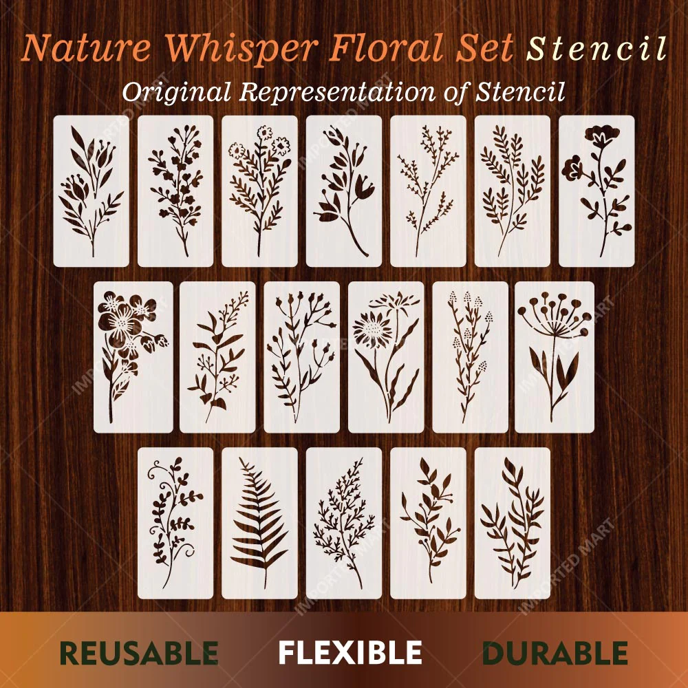 18 Flowers Botanical Stencil Set for Wall, Wood & Fabric Art – Floral Leaf Pattern Design – Multi Pack Bundle – ID# 720