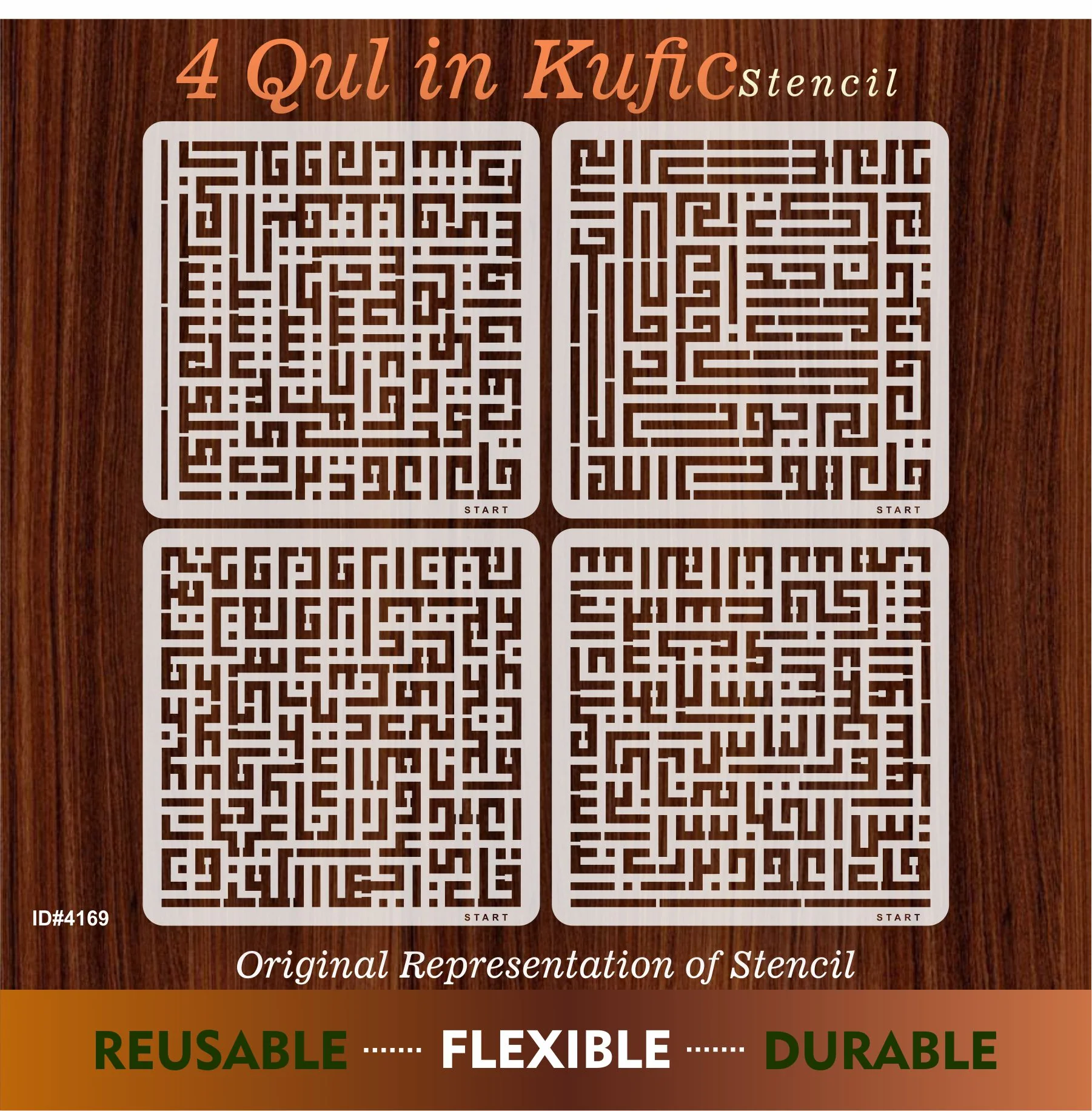 4 Qul In kufic Calligraphy Islamic Reusable Stencil for Canvas and wall painting.ID#4169 - Image 4