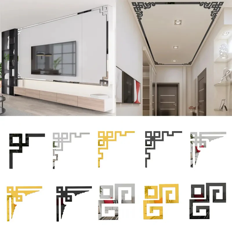 4pcs Acrylic 3D Mirror Sticker Self-adhesive Cabinet Corner Decor Sticker Furniture Decoration