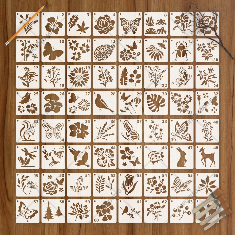 Pack of 64- Mini Floral & Nature Stencil Pack Bundle for Wall, Wood, Fabric & Craft Art – Botanical Multi Design Set – ID# 716 - Image 2