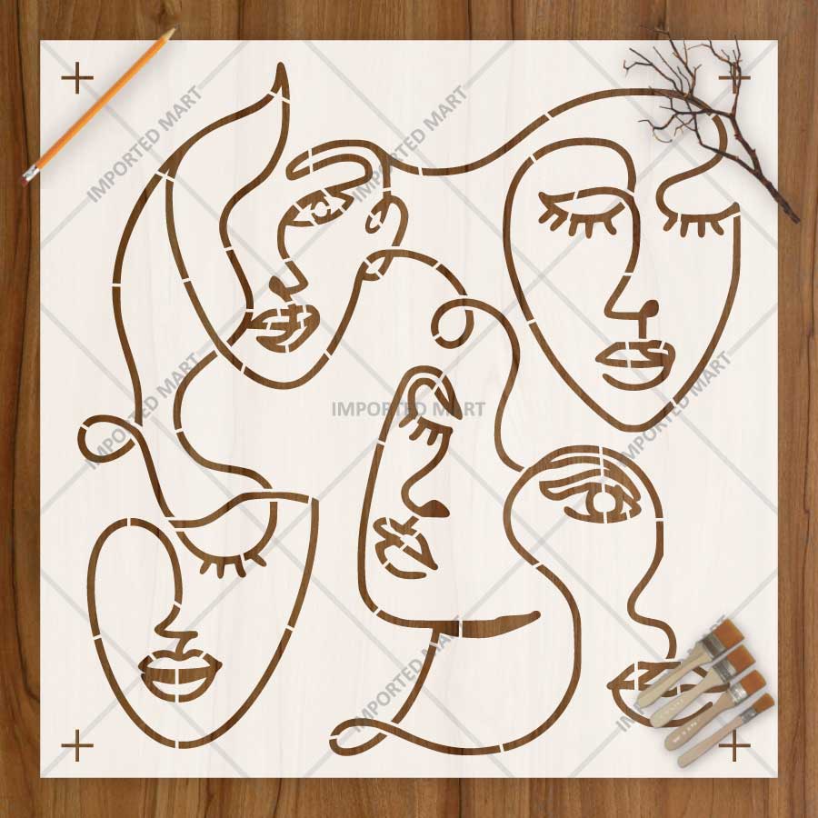 Abstract Faces Line Art Stencil for Wall, Canvas & Furniture – Modern Minimalist Face Design – ID# 781