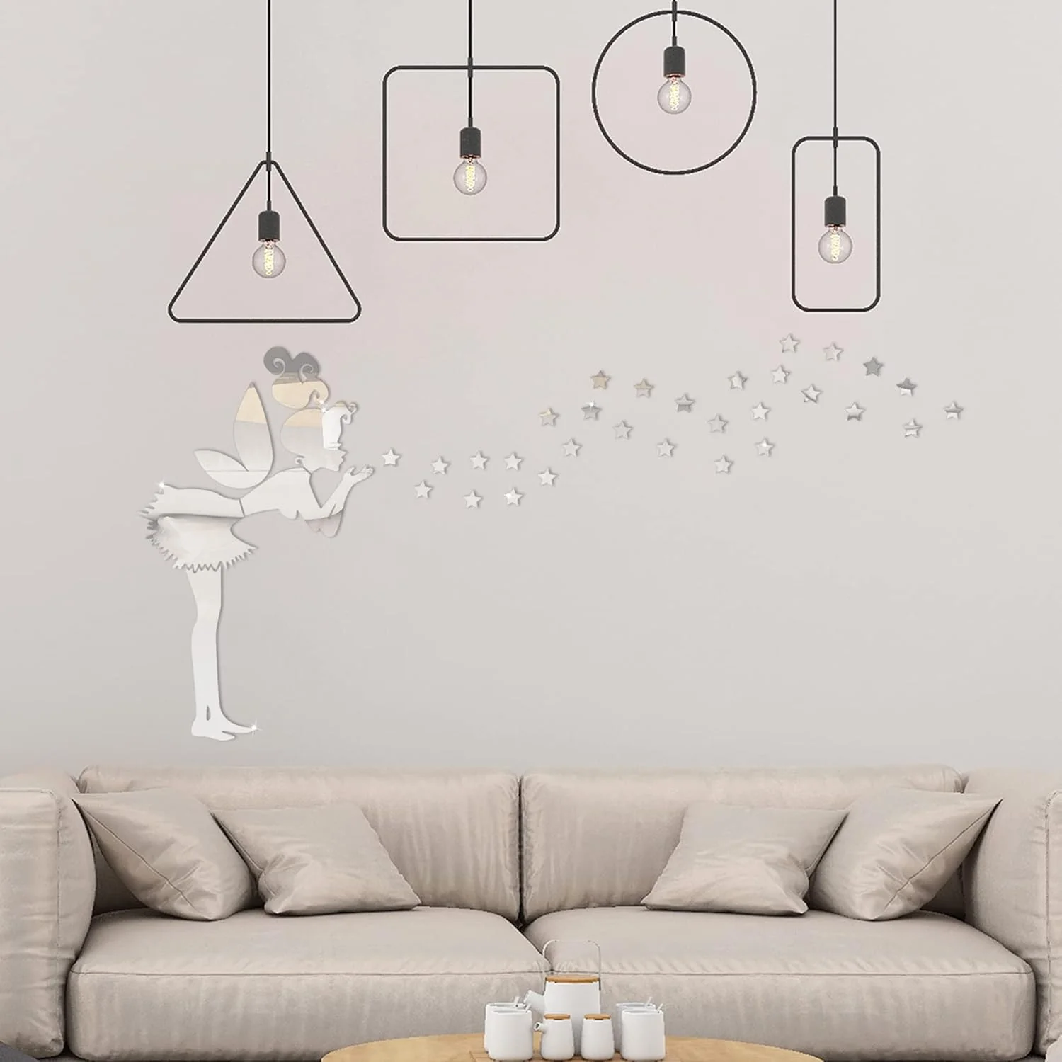 Acrylic Fairy Star Room Decor Creative Mirror Wall Stickers Angel Fairy Little Girl and Stars Wall Decoration,