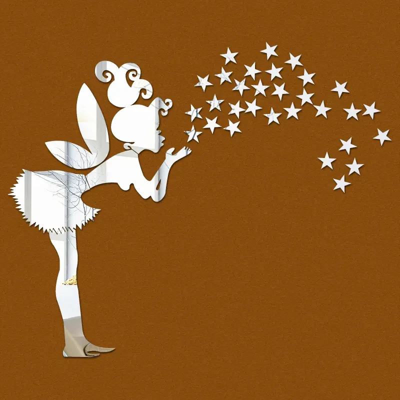 Acrylic Fairy Star Room Decor Creative Mirror Wall Stickers Angel Fairy Little Girl and Stars Wall Decoration, - Image 4