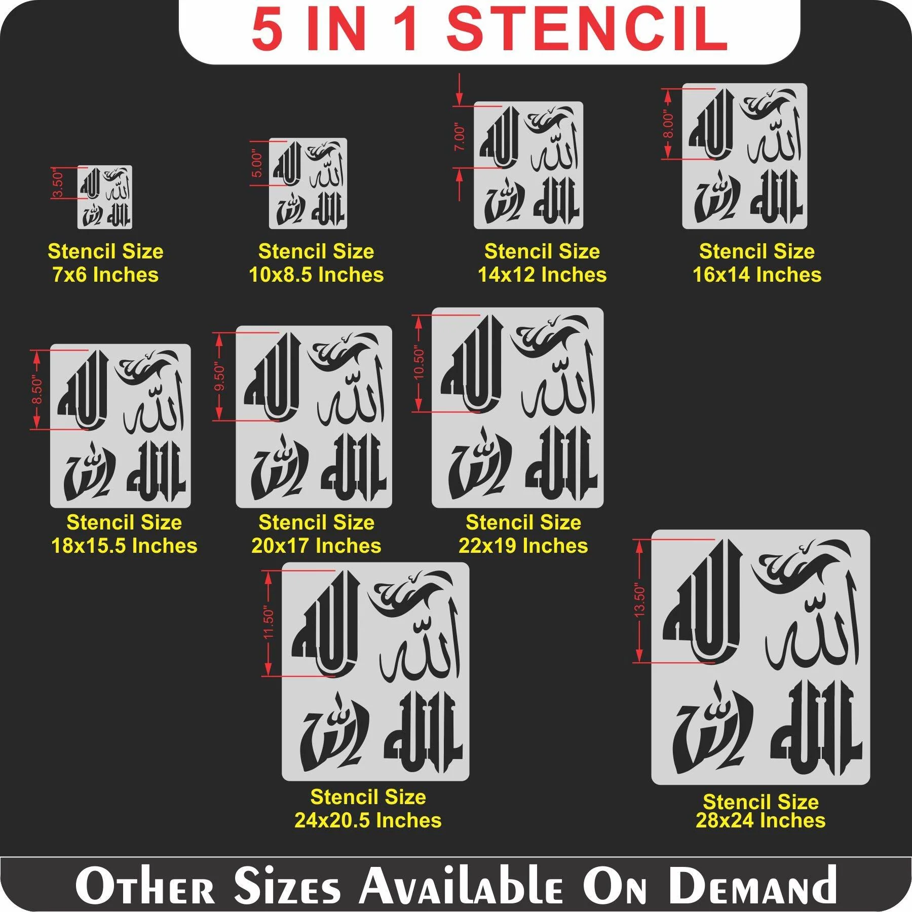 Allah in 5 Font Styles Calligraphy Islamic Reusable Stencil for Canvas and wall painting.ID#4125D - Image 7
