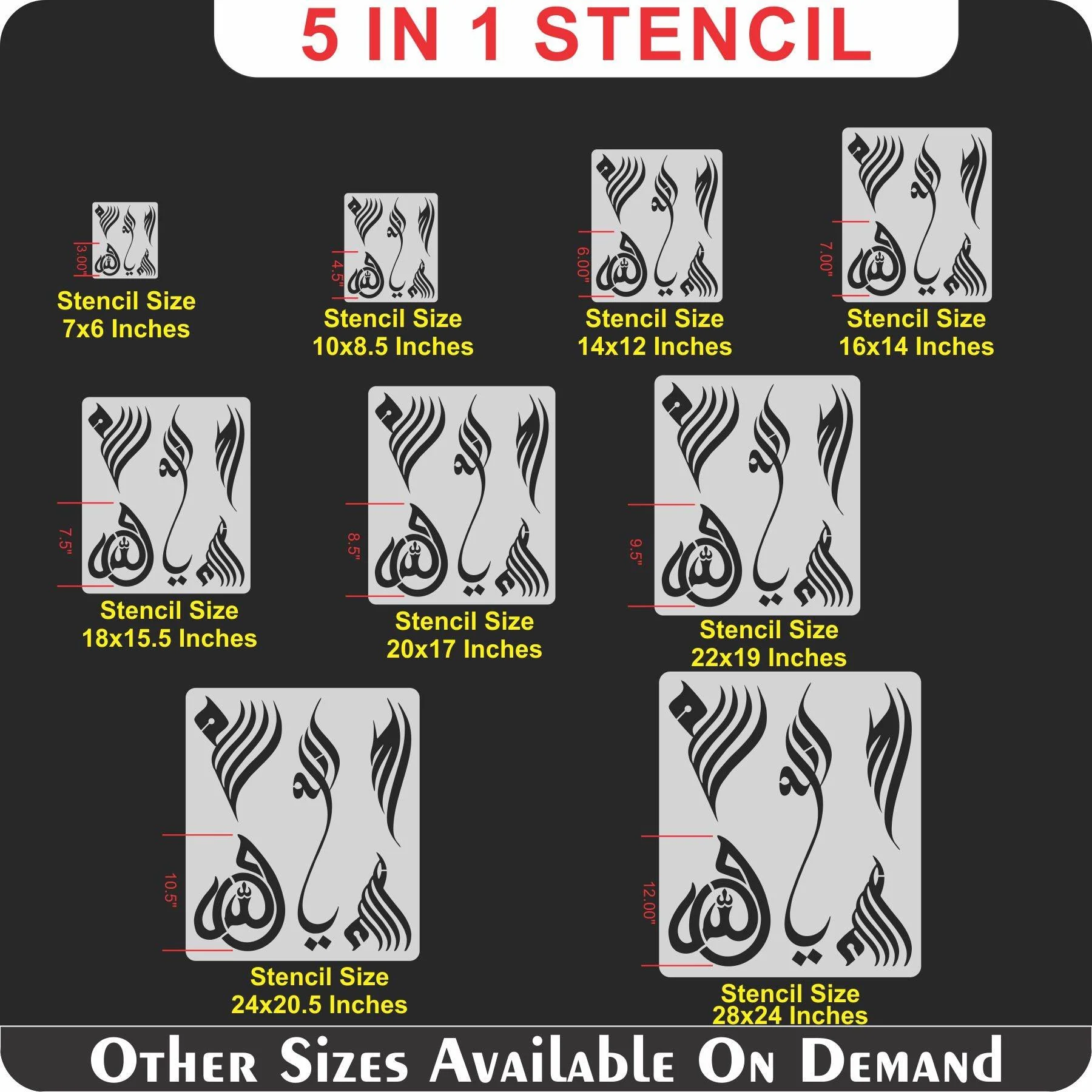 Allah in 5 Font Styles Calligraphy Islamic Reusable Stencil for Canvas and wall painting.ID#4125B - Image 8