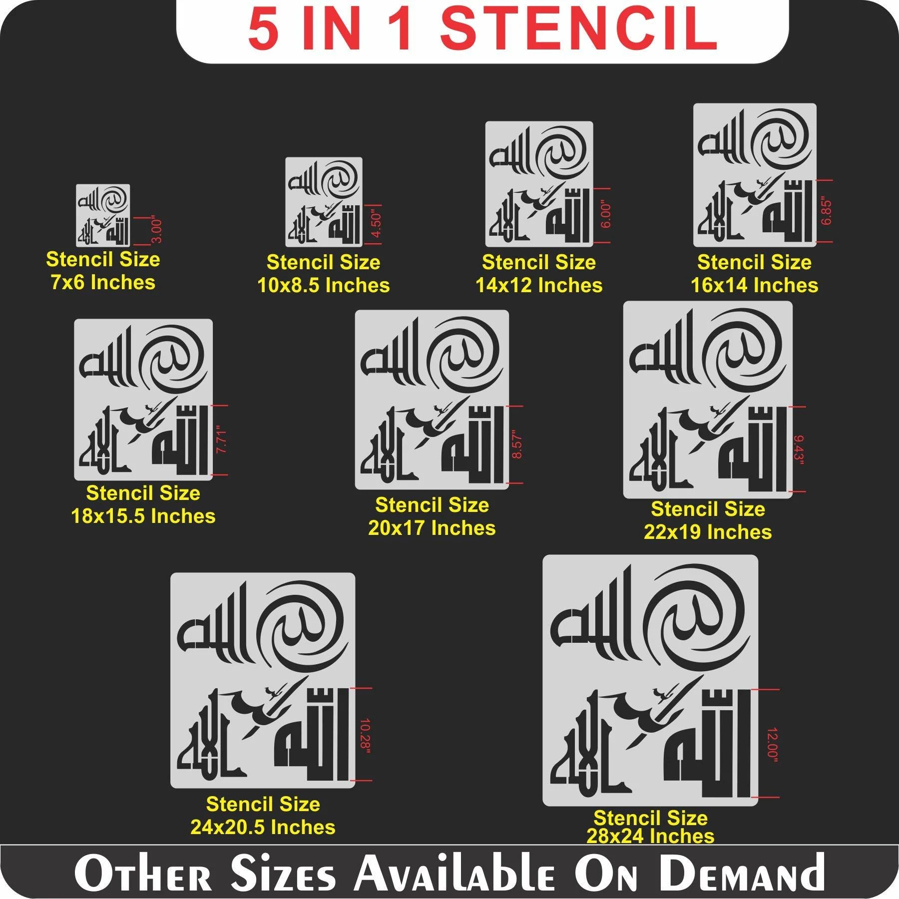 Allah in 5 Font Styles Calligraphy Islamic Reusable Stencil for Canvas and wall painting.ID#4125A - Image 7