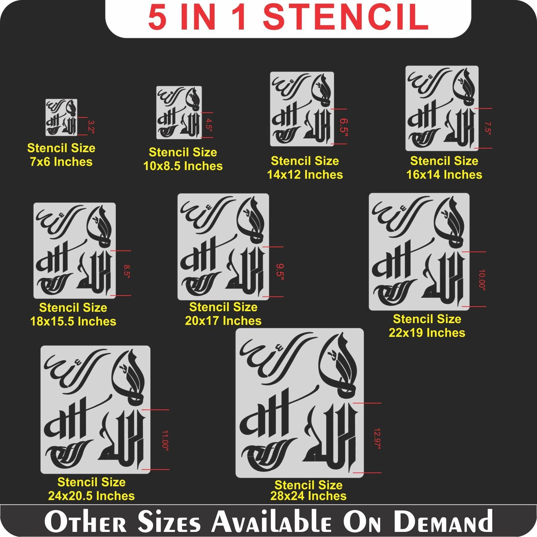 Allah in 5 Fonts  Calligraphy Islamic Reusable Stencil for Canvas and wall painting.ID#4125F - Image 7