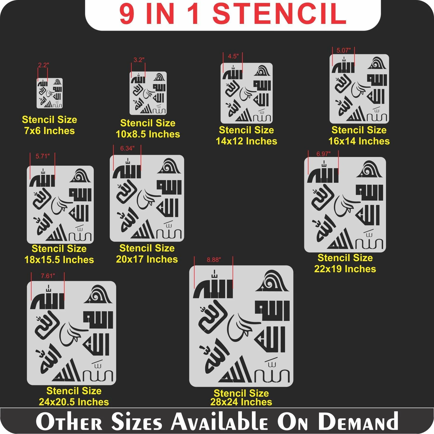 Allah in 9 Font Styles Calligraphy Islamic Reusable Stencil for Canvas and wall painting.ID#4125E - Image 7