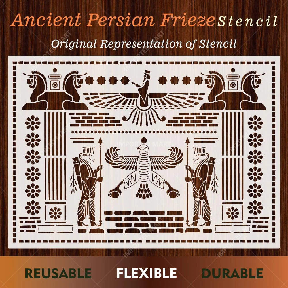 Ancient Persian Frieze Stencil for Wall, Furniture & Floor Décor – Royal Achaemenid Eagle & Guard Pattern – ID# 729 - Image 3