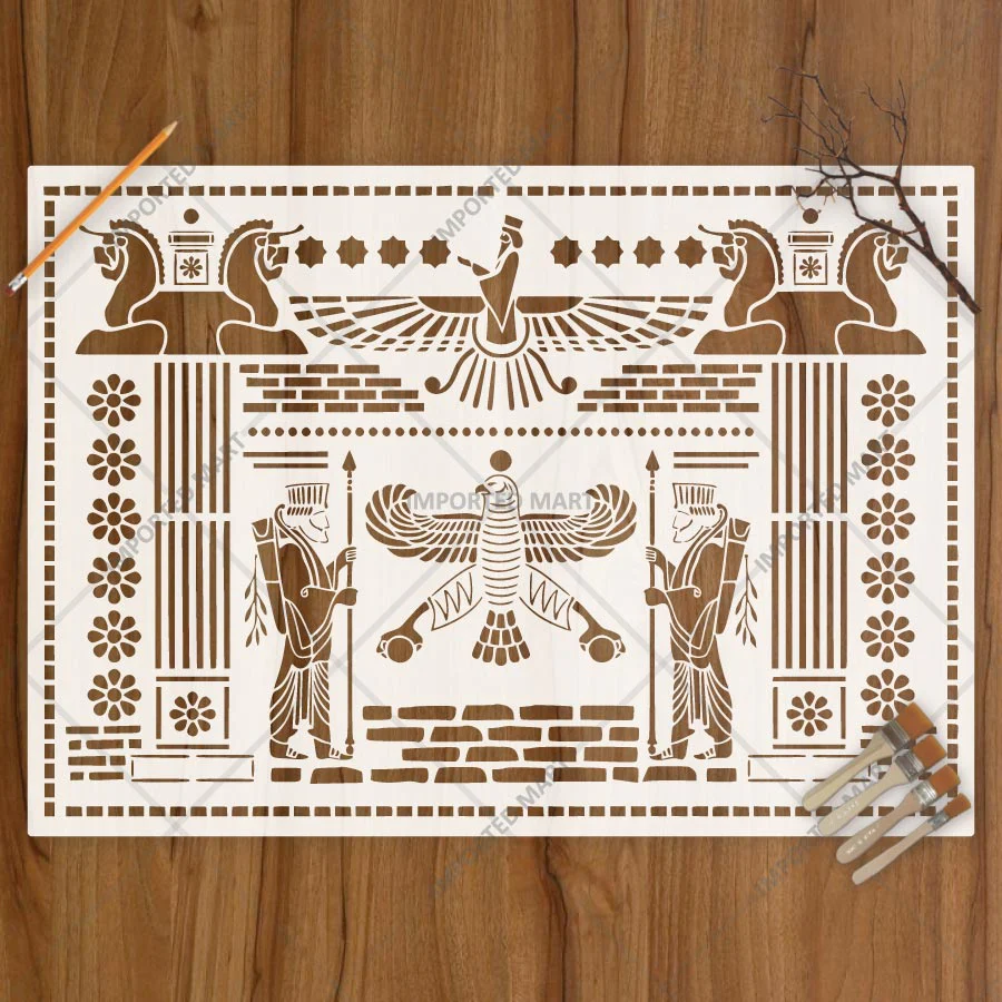 Ancient Persian Frieze Stencil for Wall, Furniture & Floor Décor – Royal Achaemenid Eagle & Guard Pattern – ID# 729 - Image 4