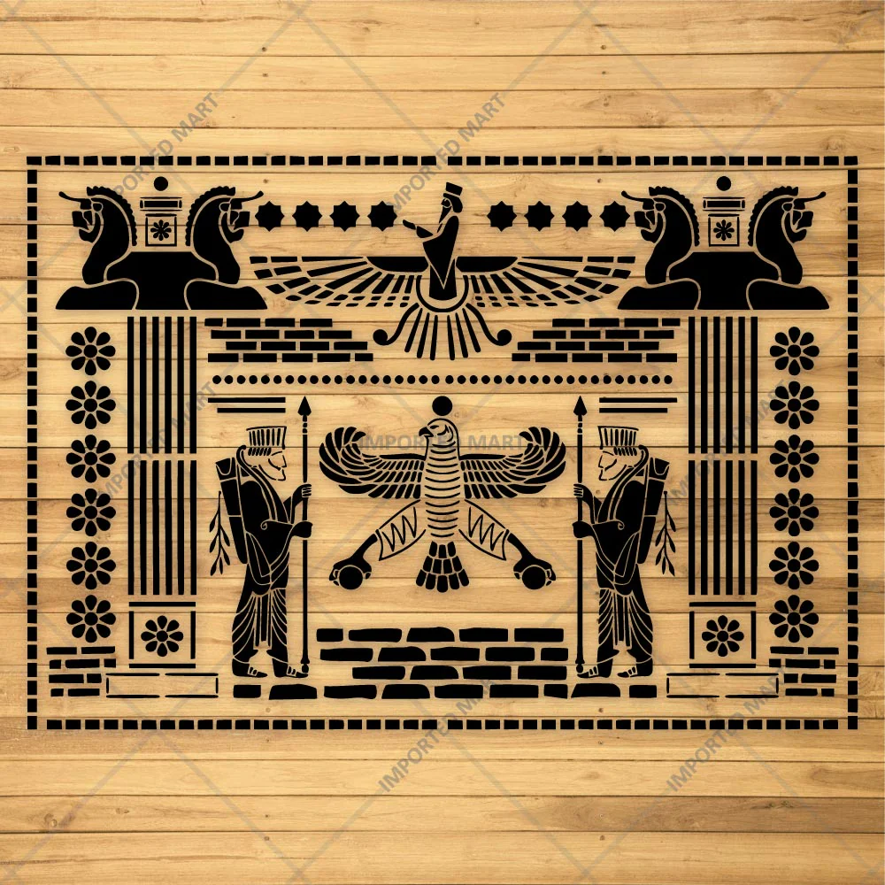 Ancient Persian Frieze Stencil for Wall, Furniture & Floor Décor – Royal Achaemenid Eagle & Guard Pattern – ID# 729 - Image 5