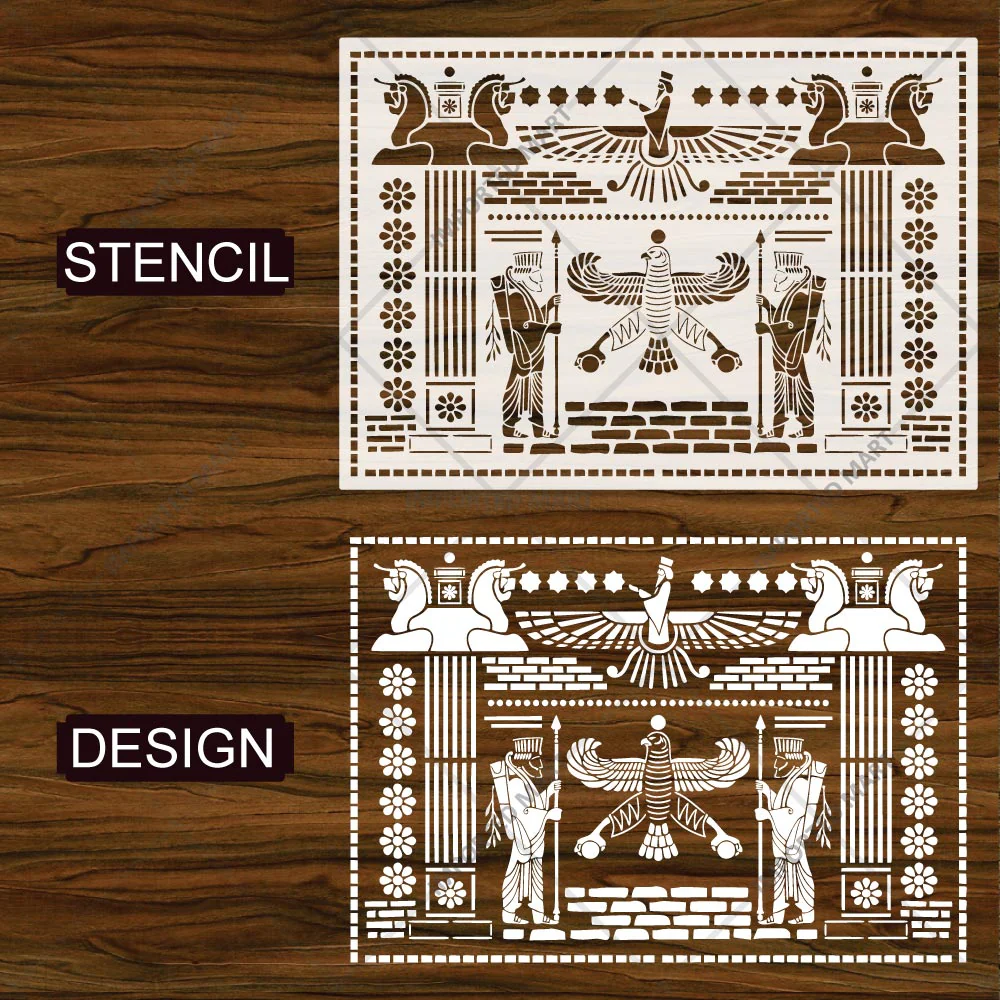 Ancient Persian Frieze Stencil for Wall, Furniture & Floor Décor – Royal Achaemenid Eagle & Guard Pattern – ID# 729 - Image 6