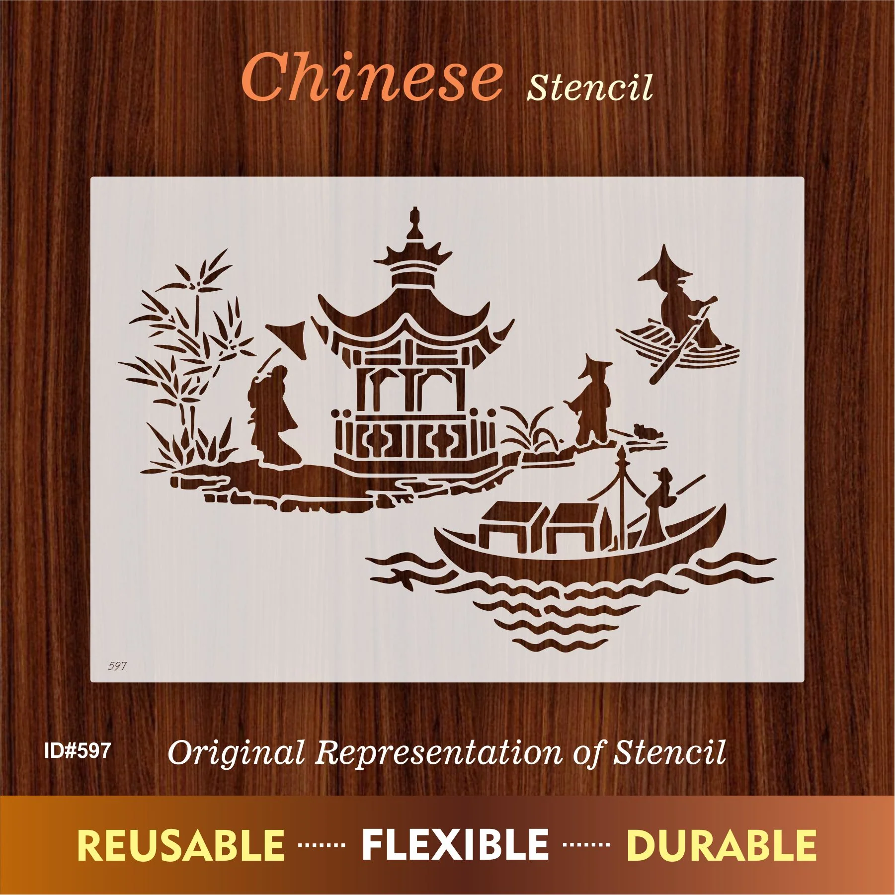 Asian Pagoda & Boat Scene Stencil for Walls, Furniture & Fabric – Oriental Landscape Design – ID#597