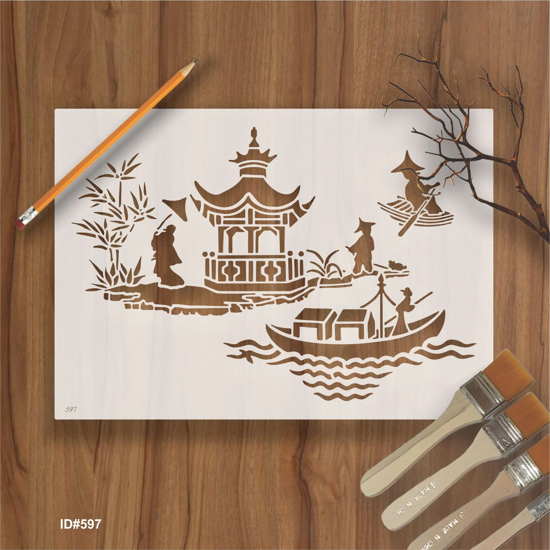 Asian Pagoda & Boat Scene Stencil for Walls, Furniture & Fabric – Oriental Landscape Design – ID#597 - Image 2