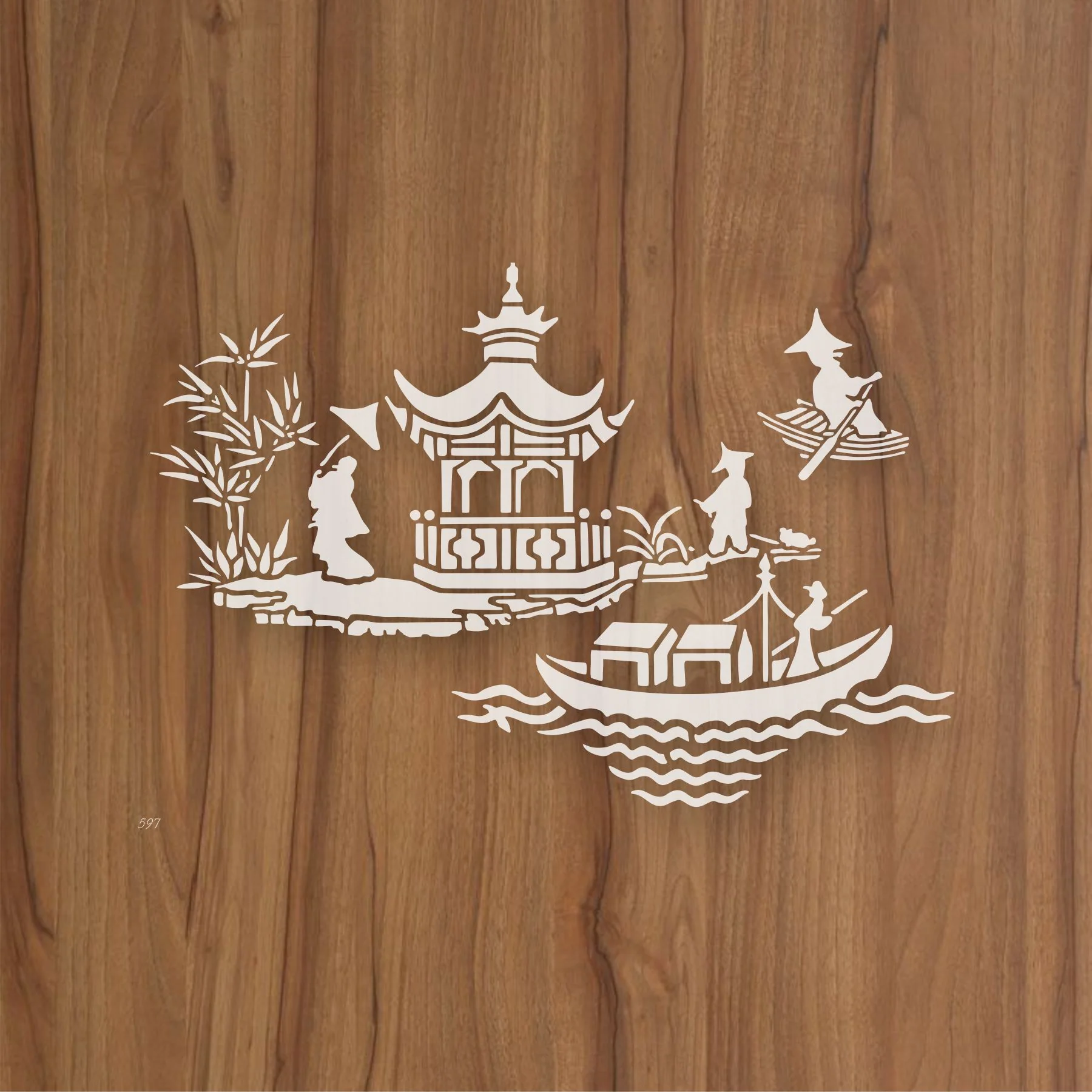 Asian Pagoda & Boat Scene Stencil for Walls, Furniture & Fabric – Oriental Landscape Design – ID#597 - Image 3