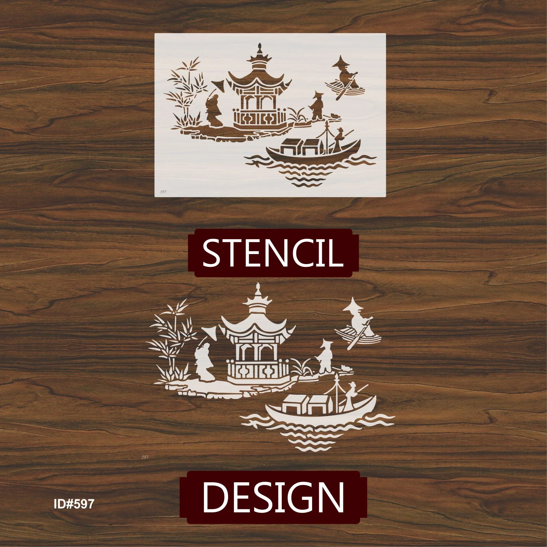 Asian Pagoda & Boat Scene Stencil for Walls, Furniture & Fabric – Oriental Landscape Design – ID#597 - Image 4