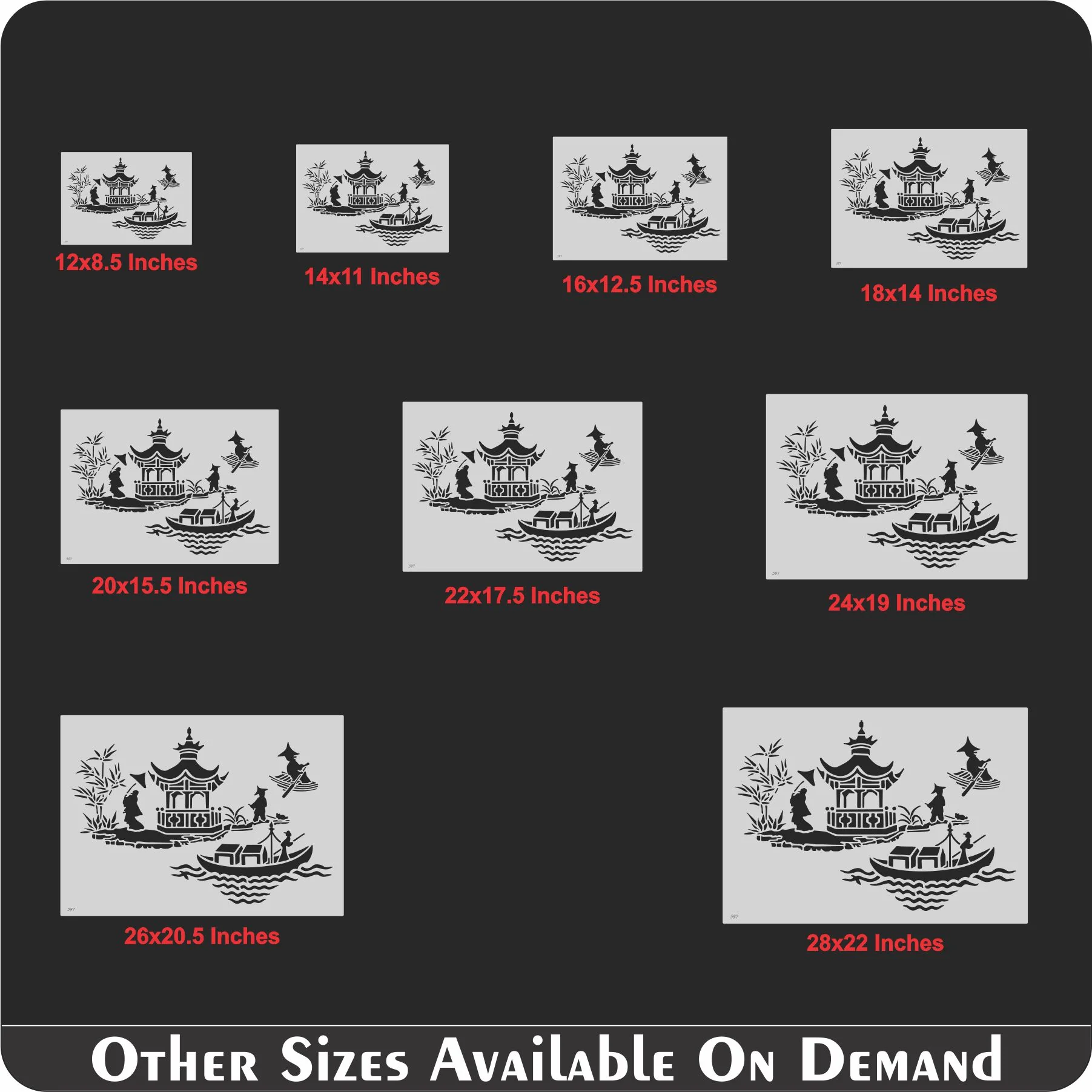 Asian Pagoda & Boat Scene Stencil for Walls, Furniture & Fabric – Oriental Landscape Design – ID#597 - Image 5