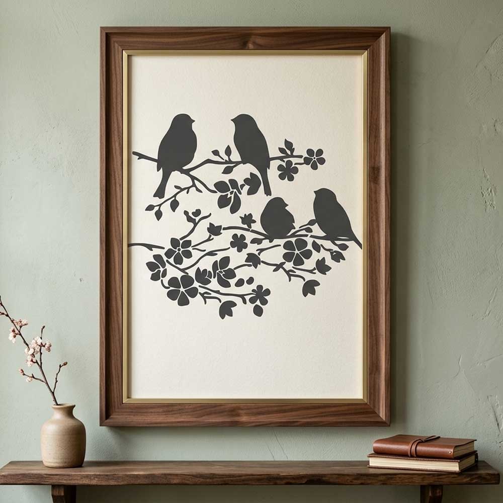 Blooming Branch Bird Stencil for Wall, Wood & Fabric Painting – Floral Nature Birds Art Design – ID# 816 - Image 7
