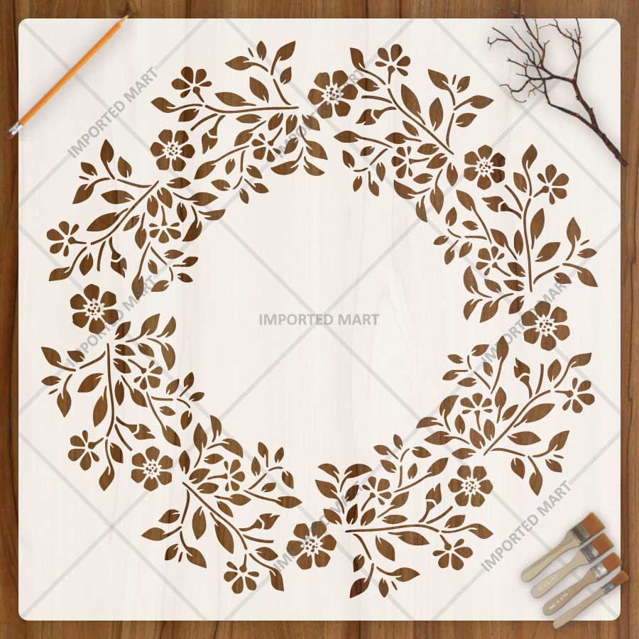 Botanical Circle Wreath Stencil for Wall, Wood & Fabric Art – Floral Ring Frame Design – ID# 763