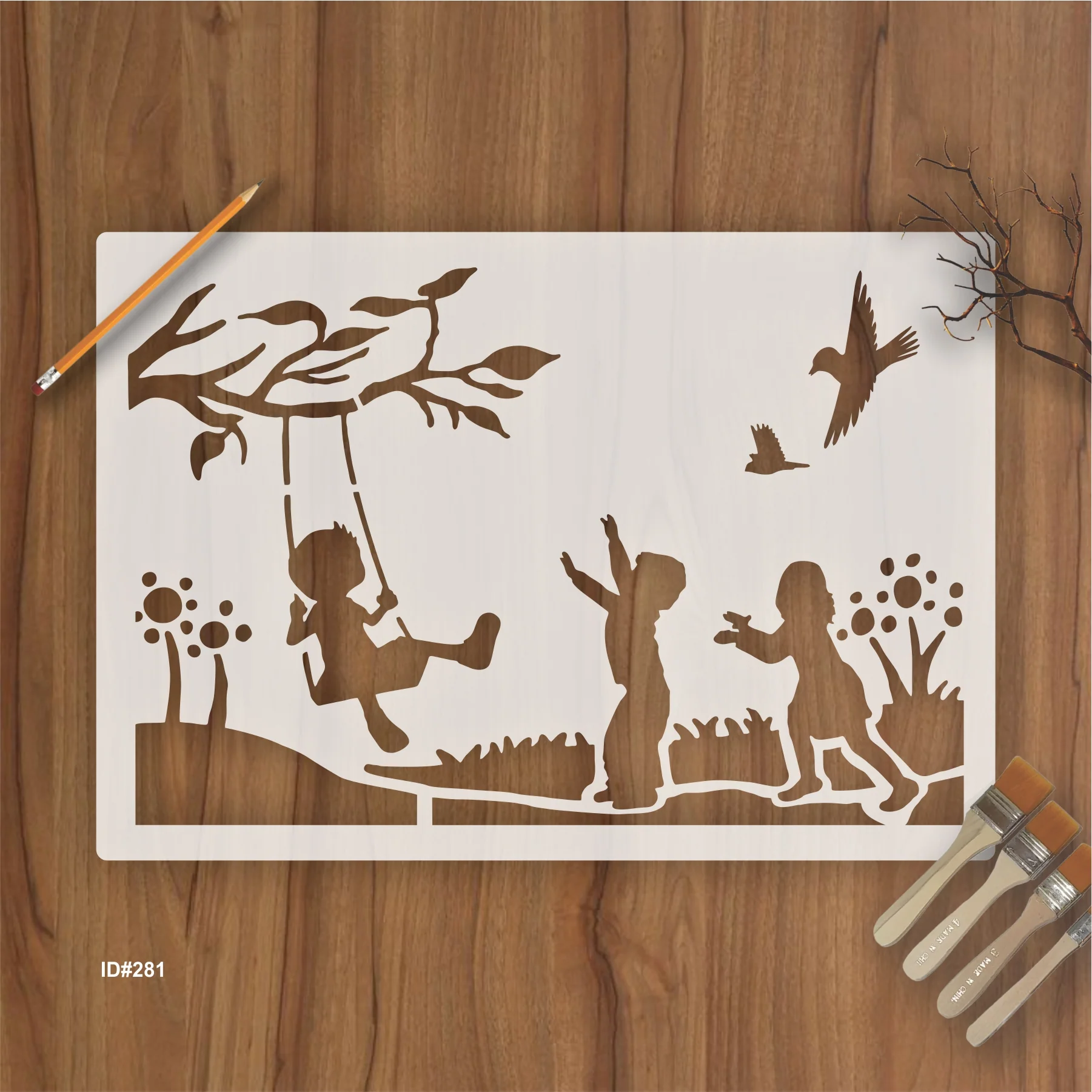 Children playing tree swing Stencil Wall Painting Scrapbook Coloring Embossing Album Decorative Template. ID #281