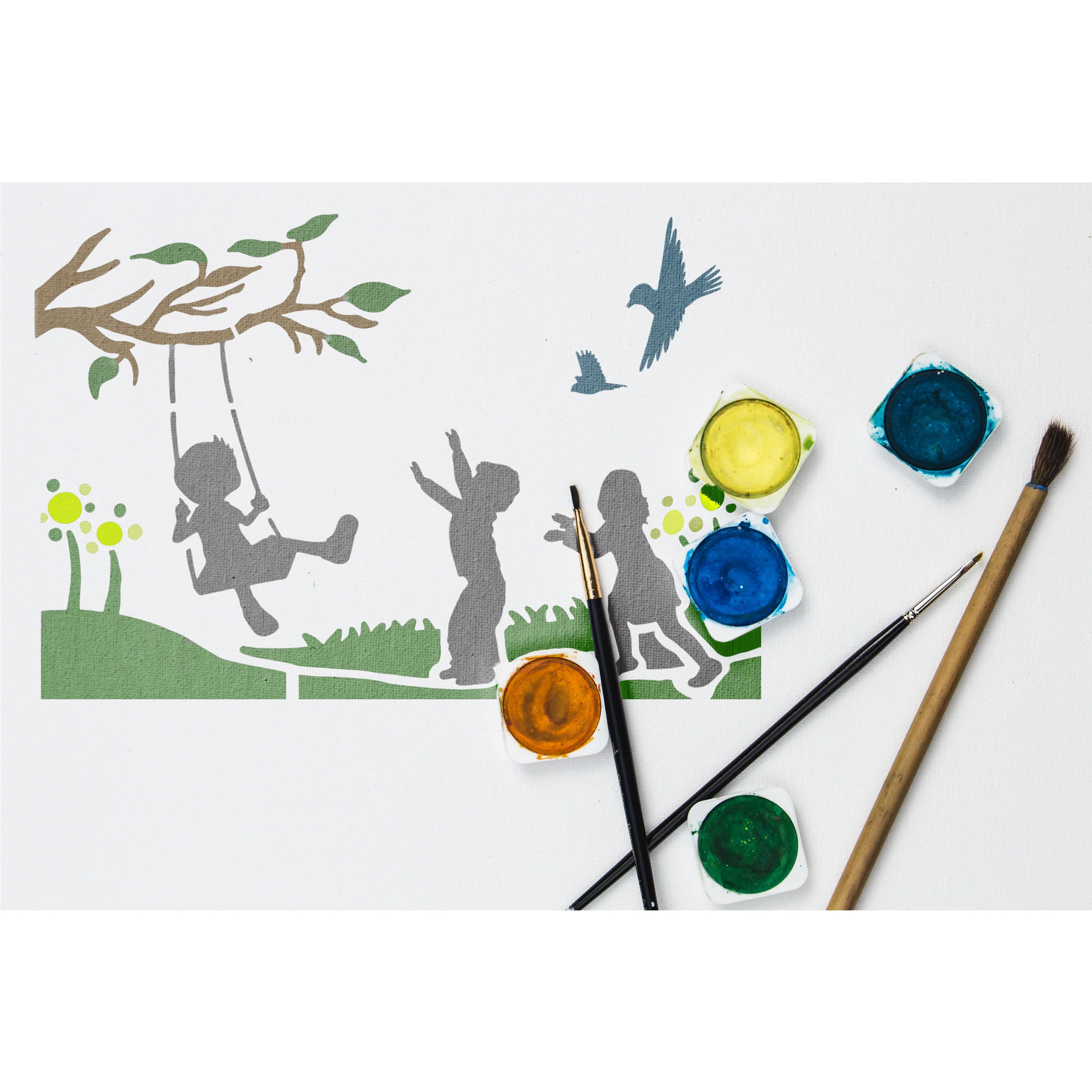 Children playing tree swing Stencil Wall Painting Scrapbook Coloring Embossing Album Decorative Template. ID #281 - Image 3