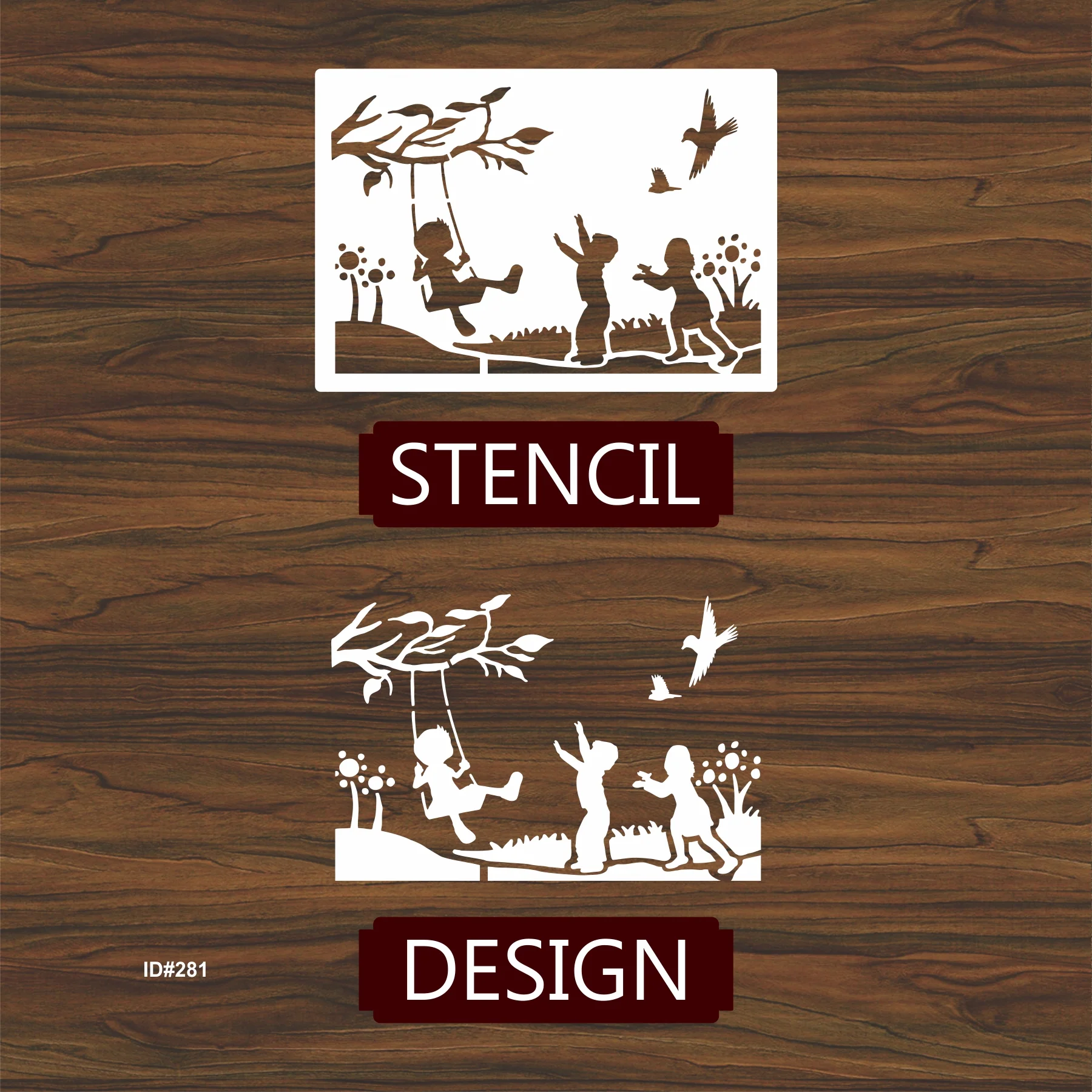 Children playing tree swing Stencil Wall Painting Scrapbook Coloring Embossing Album Decorative Template. ID #281 - Image 4