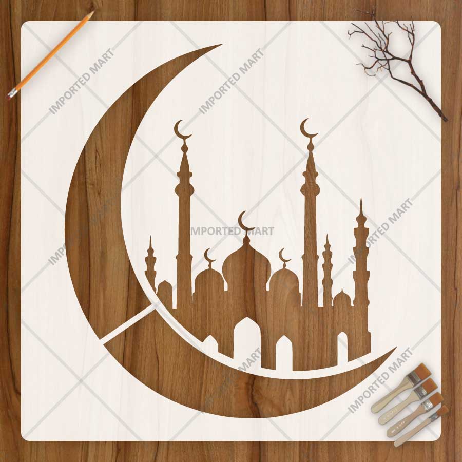 Crescent Mosque Stencil for Wall, Wood, Furniture & Ramadan Decor – Islamic Moon Masjid Design – ID# 773