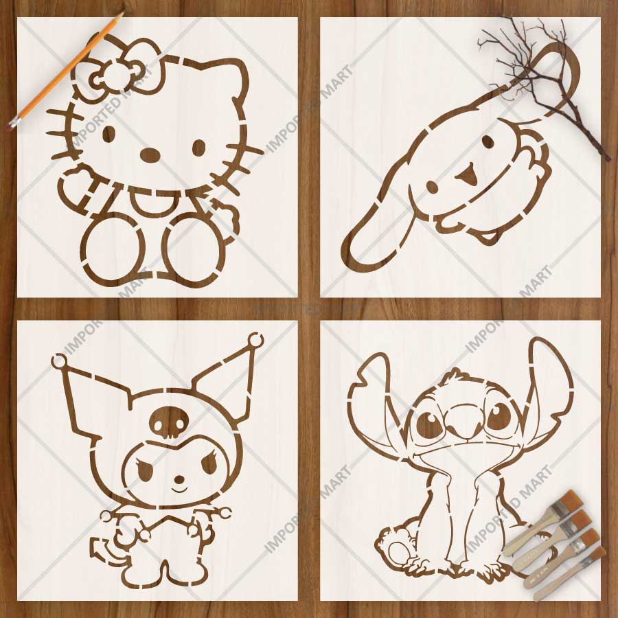 Cute Cartoon Character Pack Stencil for Wall, Wood & Fabric Painting – Kawaii Kids Art Design – Pack of 4 – ID# 801