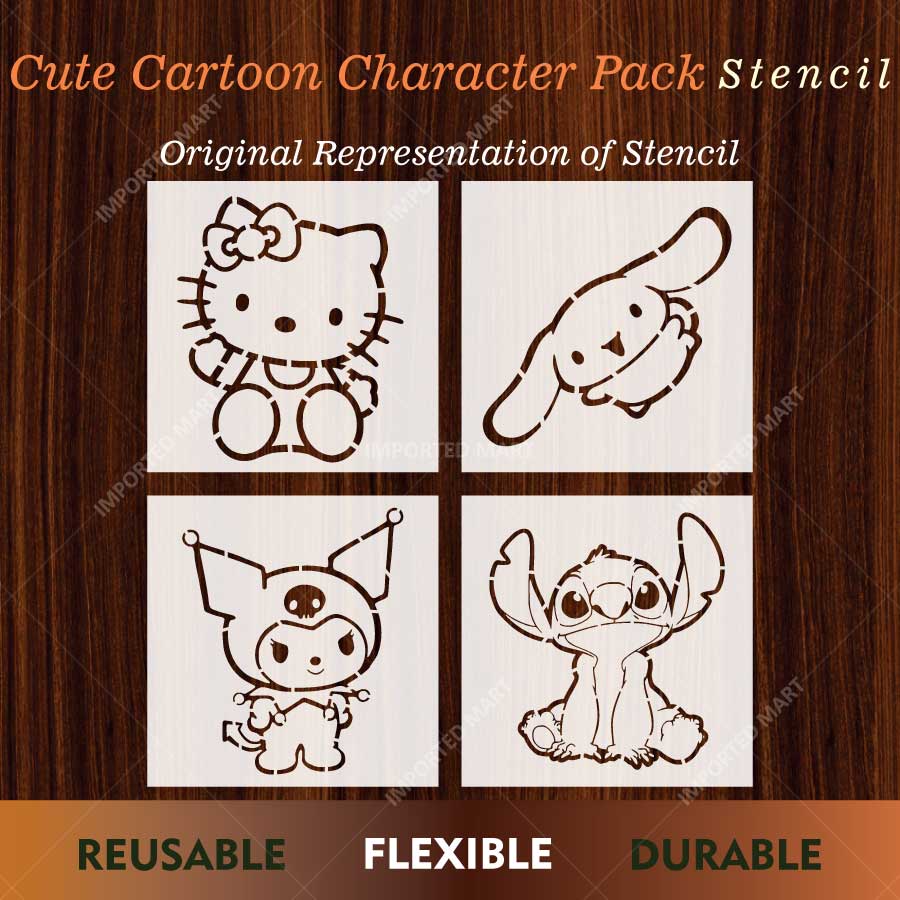 Cute Cartoon Character Pack Stencil for Wall, Wood & Fabric Painting – Kawaii Kids Art Design – Pack of 4 – ID# 801 - Image 2
