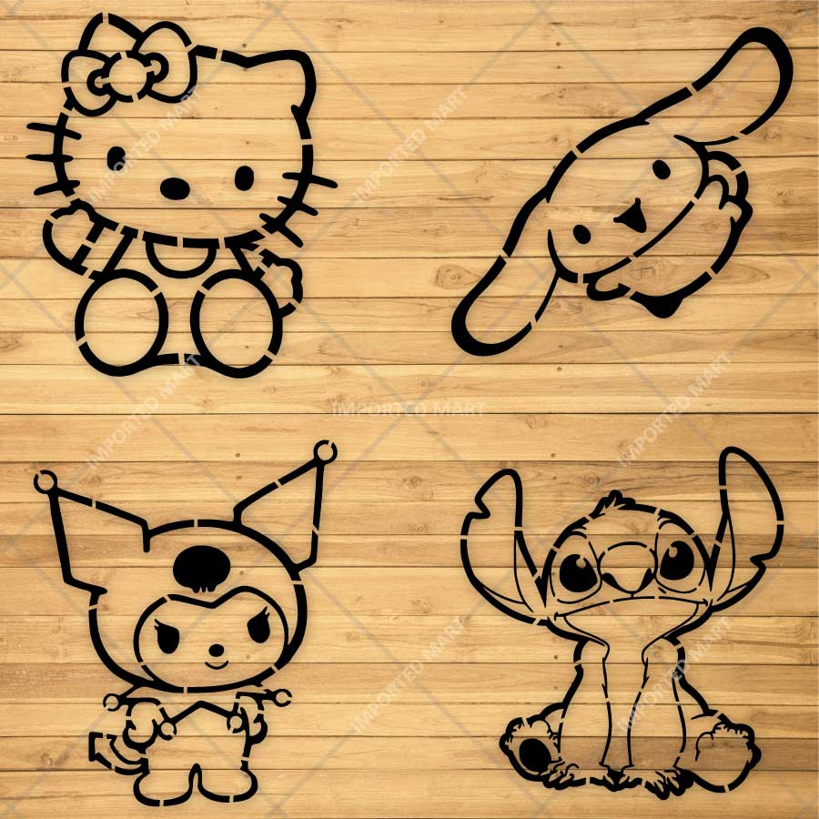 Cute Cartoon Character Pack Stencil for Wall, Wood & Fabric Painting – Kawaii Kids Art Design – Pack of 4 – ID# 801 - Image 3