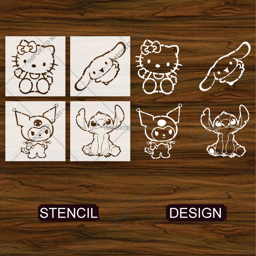 Cute Cartoon Character Pack Stencil for Wall, Wood & Fabric Painting – Kawaii Kids Art Design – Pack of 4 – ID# 801 - Image 4