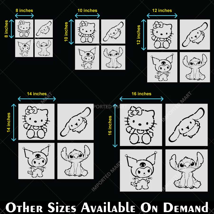 Cute Cartoon Character Pack Stencil for Wall, Wood & Fabric Painting – Kawaii Kids Art Design – Pack of 4 – ID# 801 - Image 5