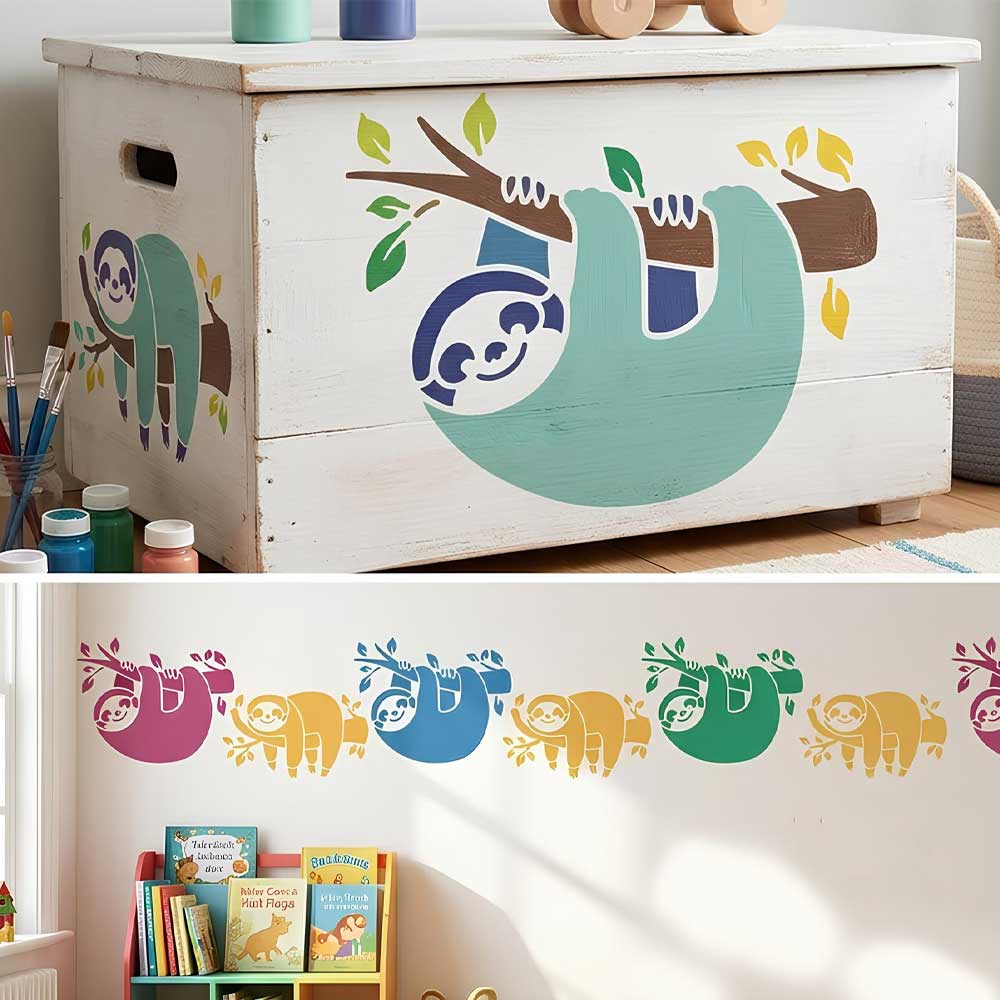 Cute Sloth Stencil for Wall, Kids Room & Furniture – Hanging Sloth Animal Design – ID# 782 - Image 5