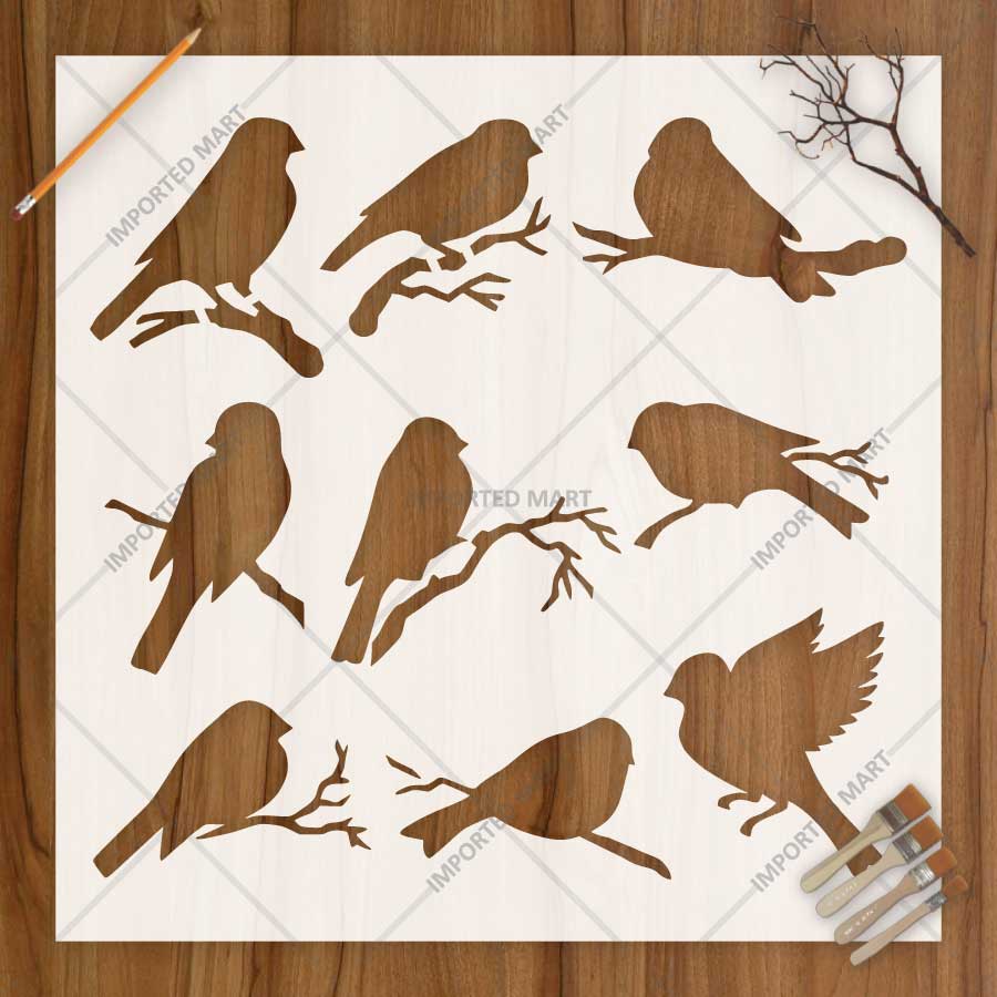 Decorative Bird Branch Set Stencil for Wall, Wood & Furniture Art – Nature Bird Silhouette Design – ID# 811