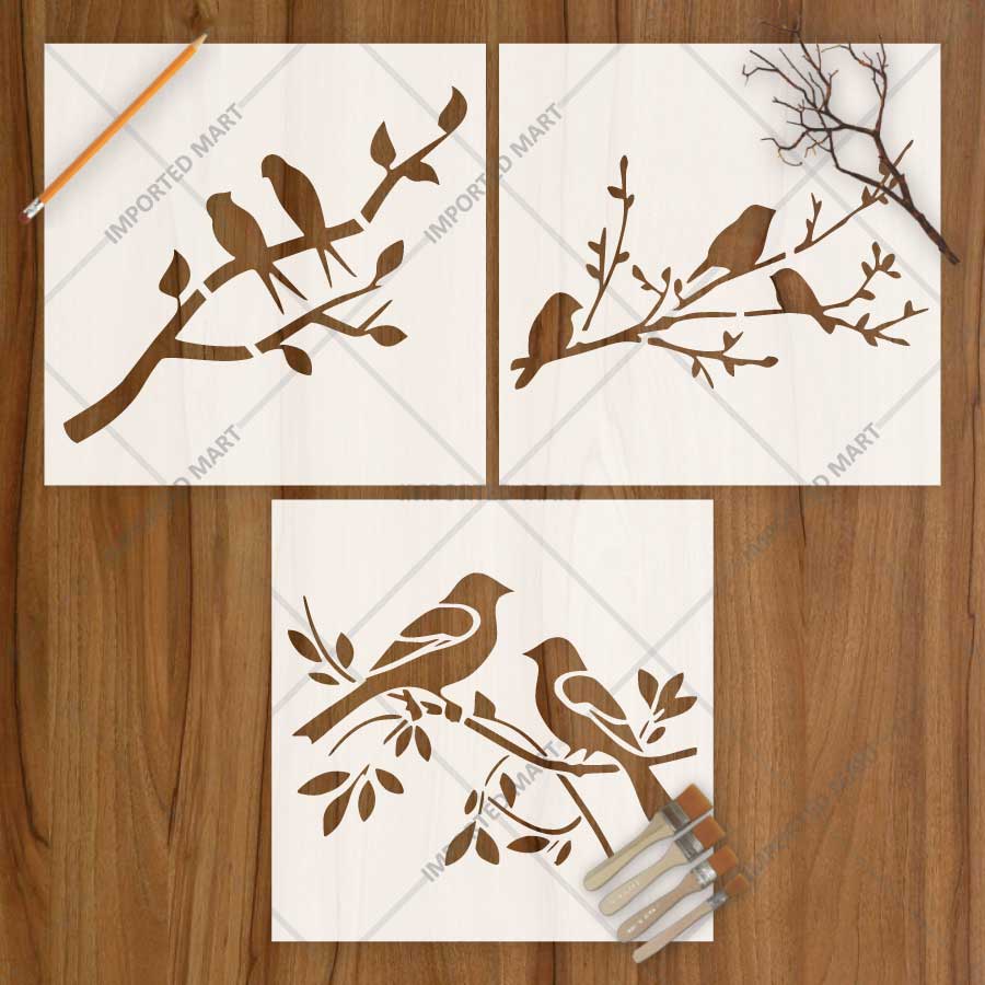 Decorative Birds Branch Pack of 3 Stencil for Wall, Wood, Furniture & Fabric Art – Nature Bird Design Bundle – ID# 771