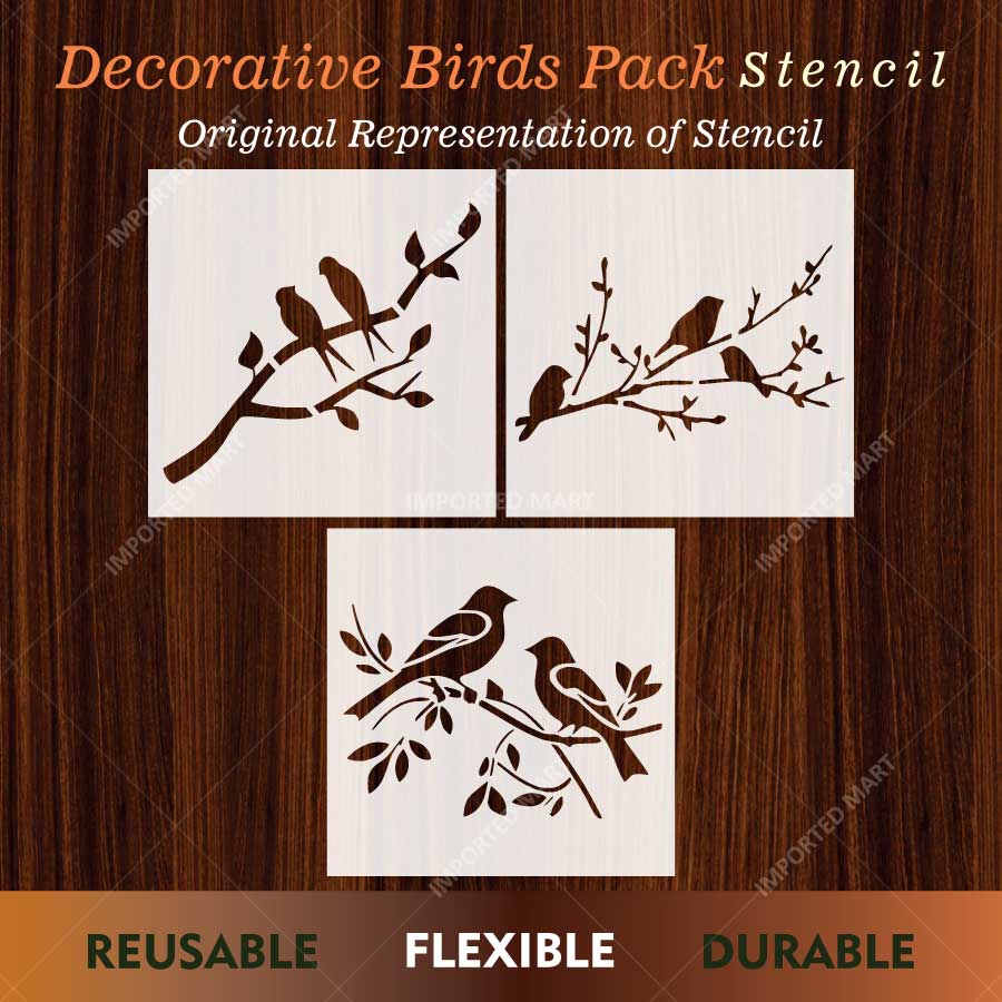 Decorative Birds Branch Pack of 3 Stencil for Wall, Wood, Furniture & Fabric Art – Nature Bird Design Bundle – ID# 771 - Image 2