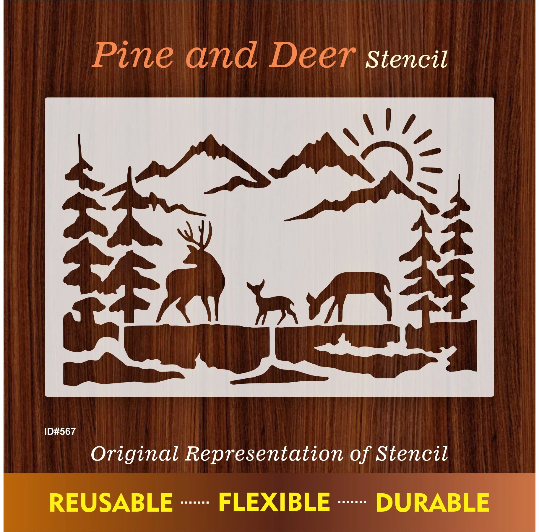 Deer Family Mountain Landscape Stencil for Walls, Wood & Fabric – Nature Scene Template – ID#567