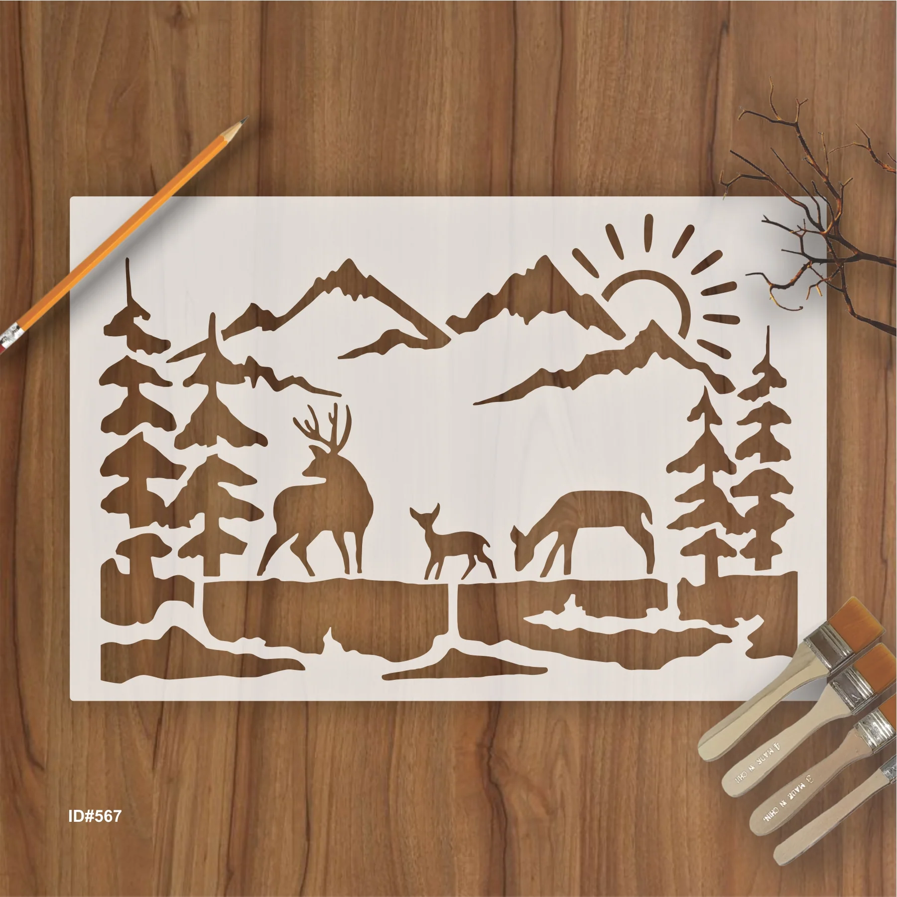 Deer Family Mountain Landscape Stencil for Walls, Wood & Fabric – Nature Scene Template – ID#567 - Image 2