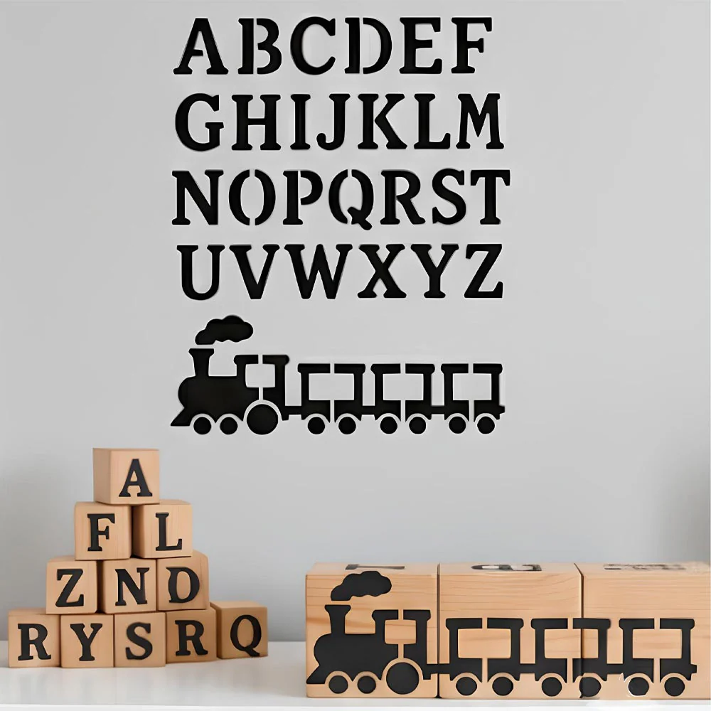 Alphabet Letters & Train Stencil for Wall, Wood & Nursery Art – A-Z Learning Stencil Design – ID# 697 - Image 6