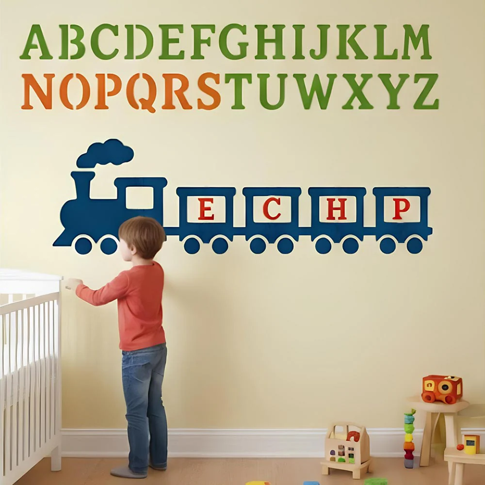 Alphabet Letters & Train Stencil for Wall, Wood & Nursery Art – A-Z Learning Stencil Design – ID# 697 - Image 8