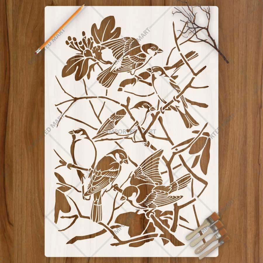 Elegant Birds Branches Stencil for Wall, Wood & Fabric Painting – Nature Sparrow Tree Design – ID# 820