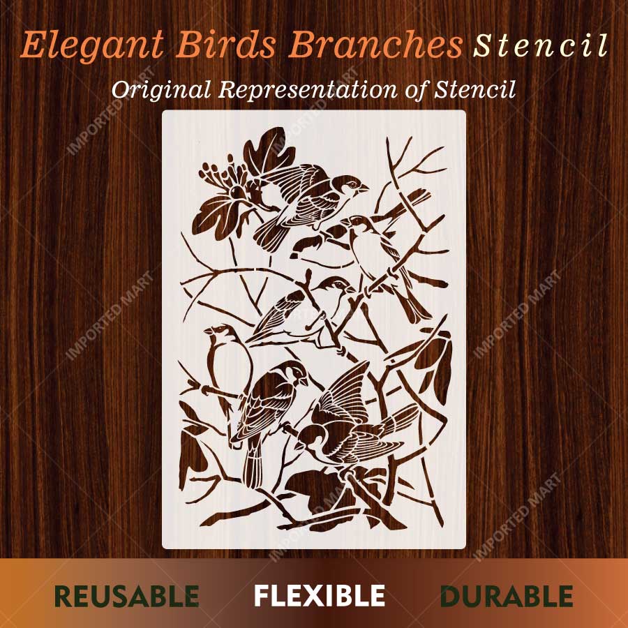 Elegant Birds Branches Stencil for Wall, Wood & Fabric Painting – Nature Sparrow Tree Design – ID# 820 - Image 2