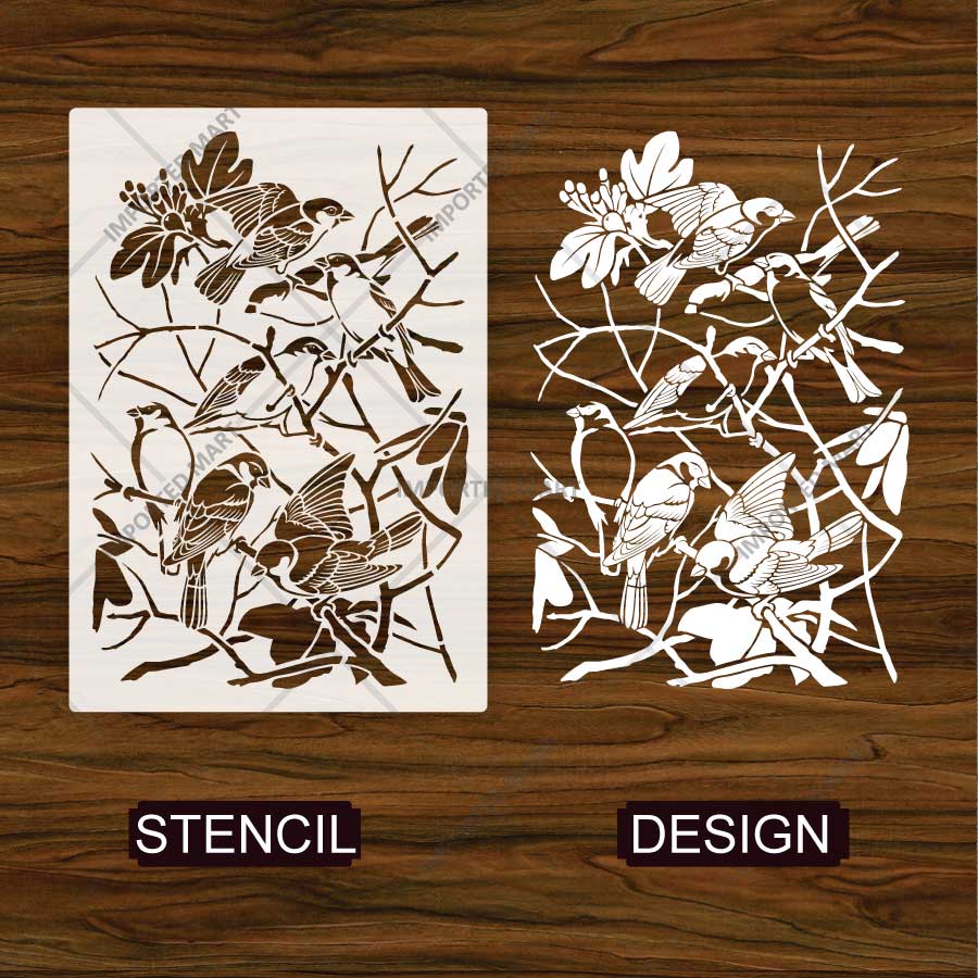 Elegant Birds Branches Stencil for Wall, Wood & Fabric Painting – Nature Sparrow Tree Design – ID# 820 - Image 4