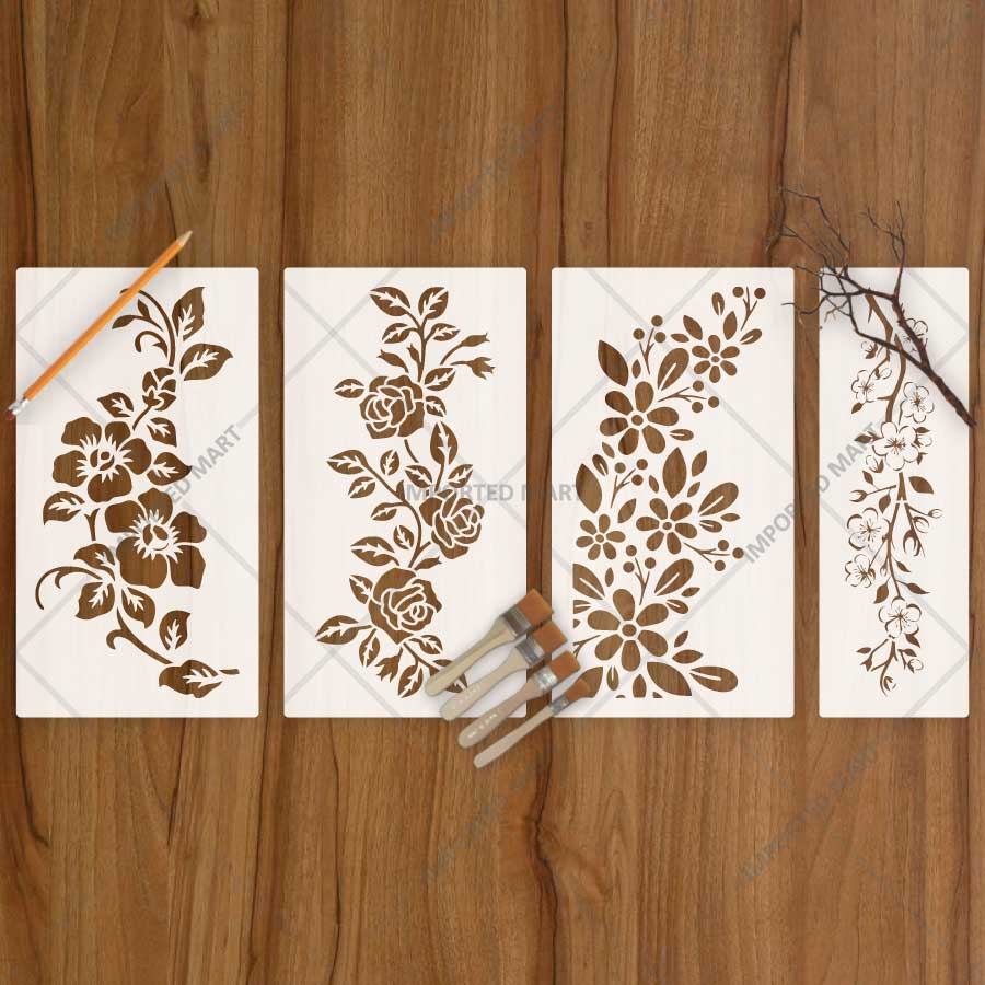 Elegant Floral Vines Stencil Pack for Wall, Furniture & Fabric Painting – Reusable Flower Border Design – Pack of 4 – ID# 802
