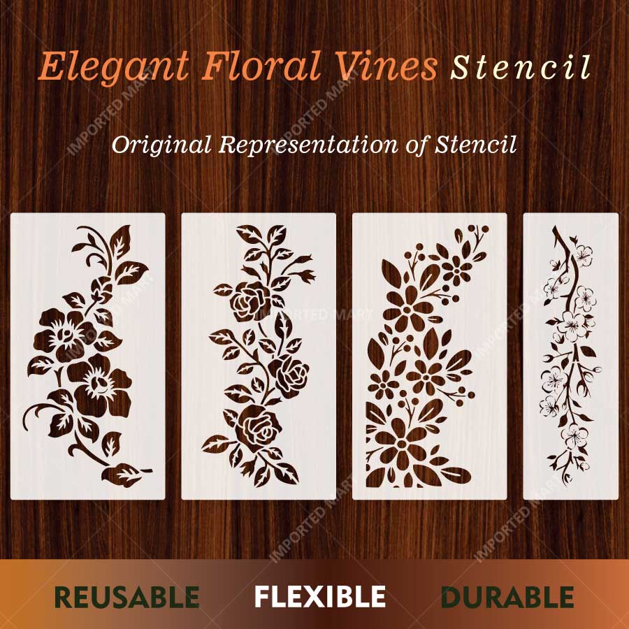Elegant Floral Vines Stencil Pack for Wall, Furniture & Fabric Painting – Reusable Flower Border Design – Pack of 4 – ID# 802 - Image 2