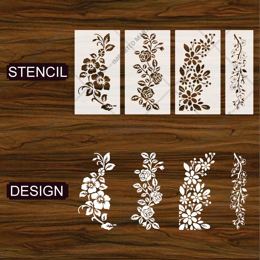 Elegant Floral Vines Stencil Pack for Wall, Furniture & Fabric Painting – Reusable Flower Border Design – Pack of 4 – ID# 802 - Image 4