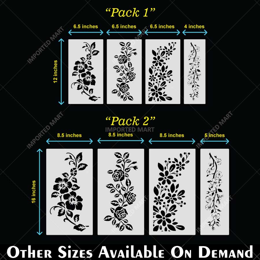 Elegant Floral Vines Stencil Pack for Wall, Furniture & Fabric Painting – Reusable Flower Border Design – Pack of 4 – ID# 802 - Image 5