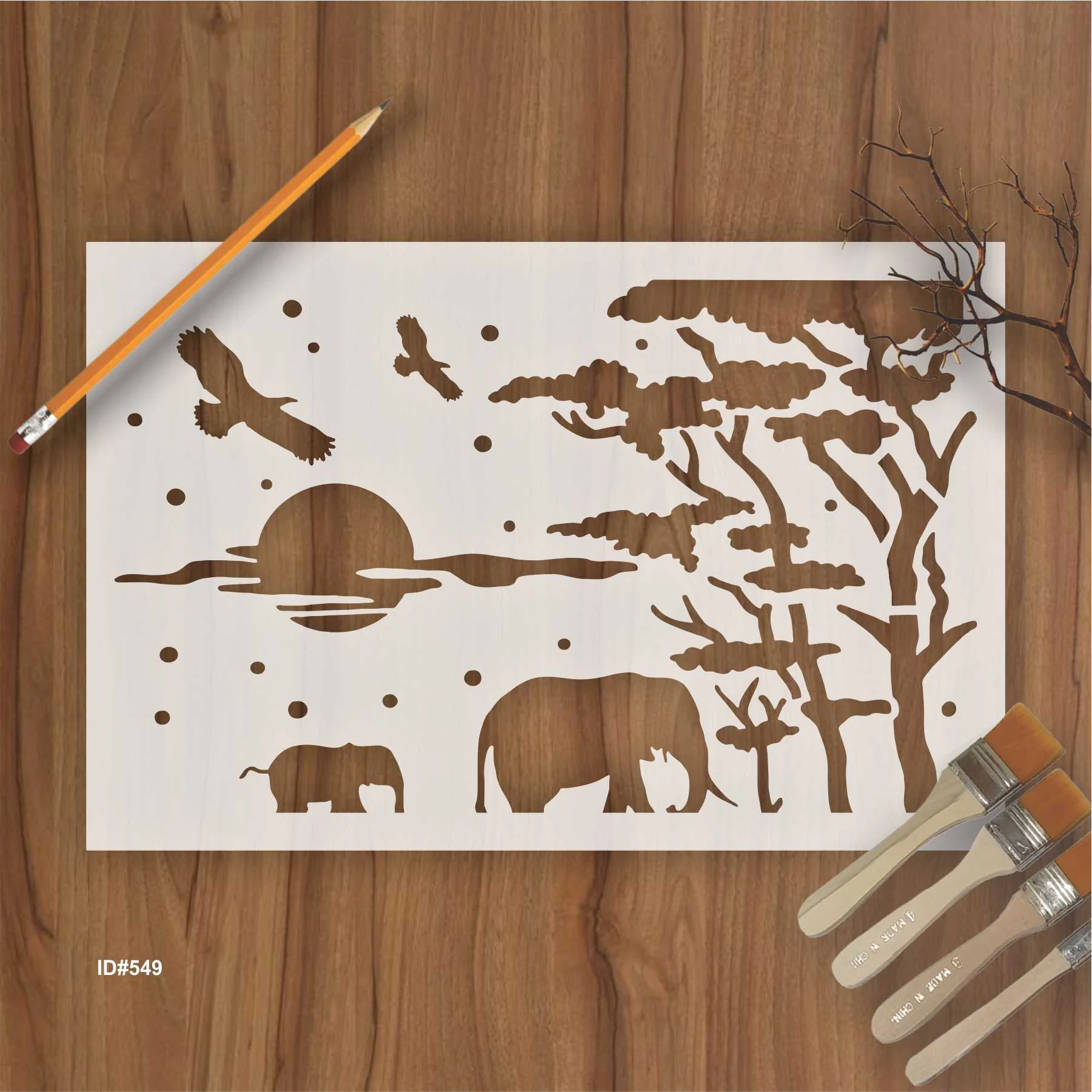 Elephant and Tree Reusable Stencil For Canvas And Wall Painting. ID #349