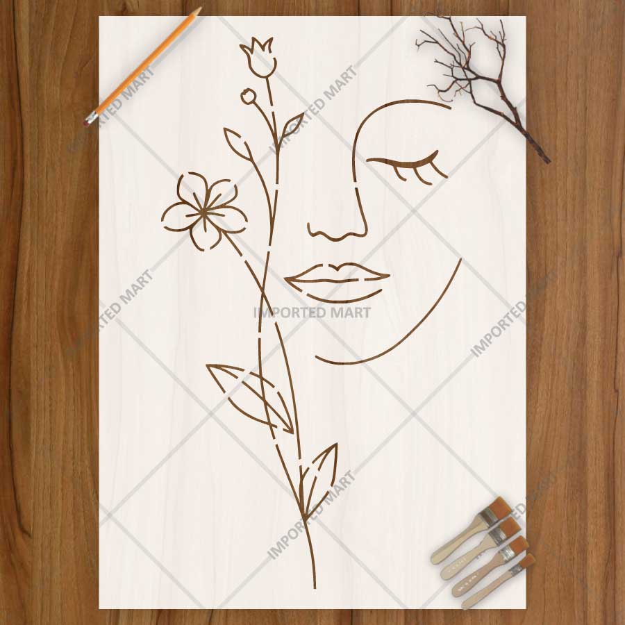 Floral Serenity Face Stencil for Wall, Wood & Fabric Art – Abstract Woman Line Design – ID# 775